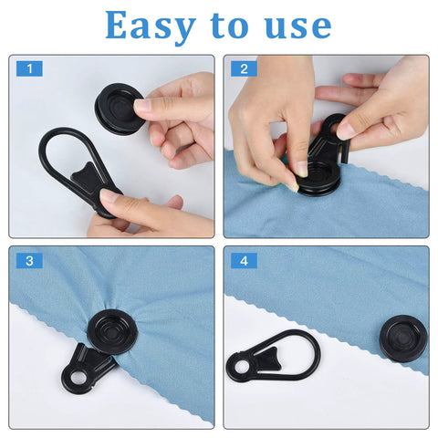Step-by-step use of 20 Pack Movable Tarp Clips For Outdoor Camping And Tent Setups, Waterproof Plastic Tarpaulin Clips For Awnings.