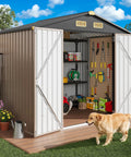 Weatherproof 8x6 Feet Outdoor Storage Shed With Lockable Doors Thick Galvanized Steel Construction Breathable Vent Base 7.4x5.3 Feet Garden Tool Shed For Yard Bins Generator And Wheelbarrow Brown with doors open showing tools inside and a dog outside.
