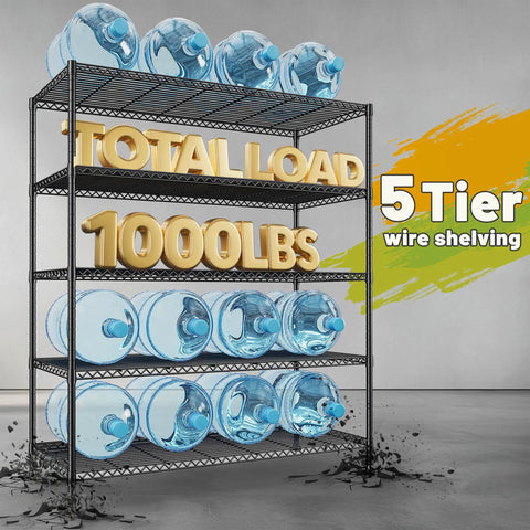 Beefy Heavy Duty Five Tier Metal Storage Shelving Unit 45.5 Inch Wide With Open Sides For Kitchen Garage And Retail Use Large Capacity Stable Steel Construction Easy Assembly Perfect For Tools And Gear, black wire rack