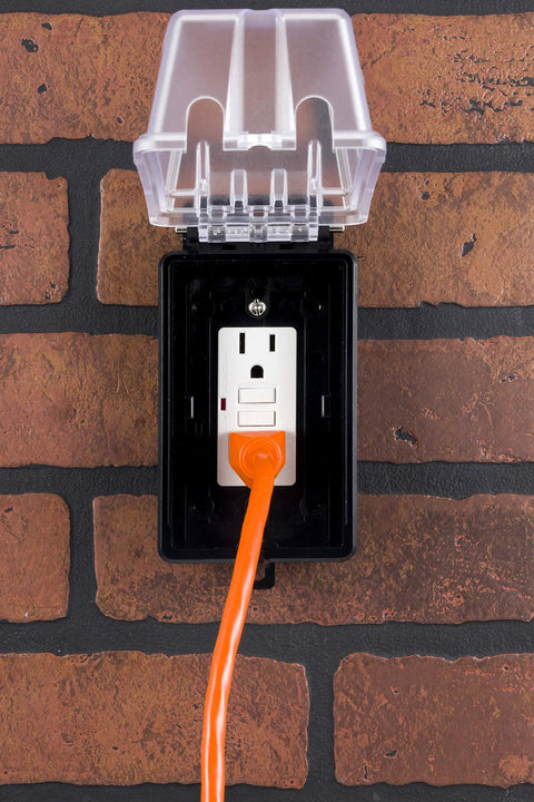 Weatherproof Outdoor Outlet Cover For Single Gang Electrical Box, UV Stabilized Polycarbonate, Impact Resistant, mounted on brick wall