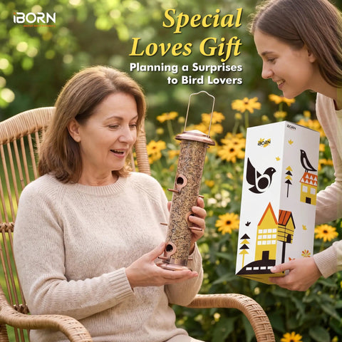 Two women exchanging a boxed bird feeder gift beside chair and flowers, product packaging is visible
