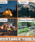 Collage showing camping, survival, yard work, and removing obstacles with Rope Saw For Tree Limbs 55 Inch Pocket Chainsaw Kit.