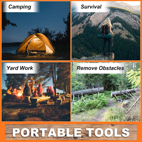 Collage showing camping, survival, yard work, and removing obstacles with Rope Saw For Tree Limbs 55 Inch Pocket Chainsaw Kit.