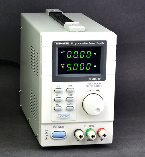 Programmable DC Power Supply 0-30V 0-5A with dual displays, coarse and fine adjustment, front view showing control panel.