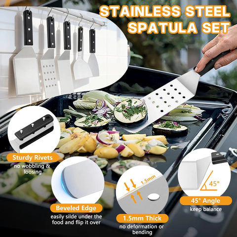 Griddle Accessories Kit 20 Piece Flat Top Grill Tools Set With Spatulas And Melting Dome shown with food on griddle and hand