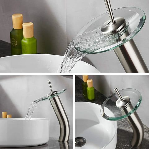 Waterfall Glass Spout Bathroom Faucet With Single Handle Solid Brass Lavatory Vessel Sink Vanity Tap Built To Last In Brushed Nickel Finish Tall Design For A Slick Modern Bathroom Upgrade
