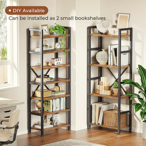 11 Shelf Ladder Bookcase With Open Display Shelves For Home And Office Wide Bookshelf For Books Decor CDs And More Storage Game Strong Sturdy Brown Finish Space Saving Organizer For Living Room Or Studio, two units shown with decor items and plants