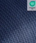 Close-up of navy fabric texture for Zero Gravity Power Recliner Chair With Heat And Vibration Massage USB Type C Ports Remote Cup Holders 155 Degree Recline For Ultimate Chill So Comfy In The Living Room Navy Fabric 6079, Oeko-Tex Standard 100 certified