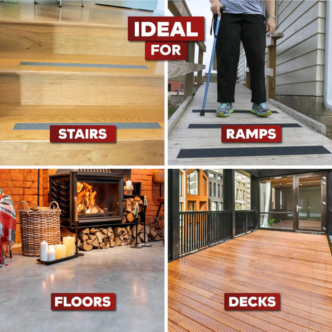Uses for Anti Slip Stair Tape For Steps Black 4 Inch 60 Foot Durable Self Adhesive Non Slip Grip Tape on stairs, ramps, floors, decks.