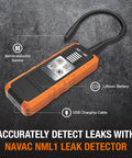 NAVAC NML1 refrigerant leak detector with orange housing, USB charging cable, semiconductor sensor