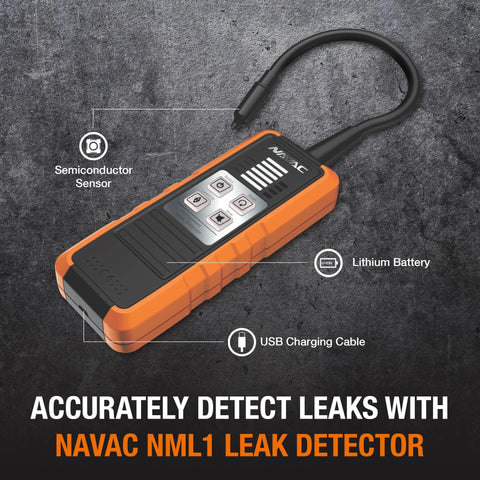 NAVAC NML1 refrigerant leak detector with orange housing, USB charging cable, semiconductor sensor