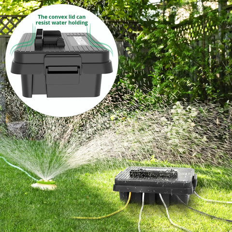 Built Tough Large Outdoor Electrical Box With Handle, Weatherproof IP55 Rated Cord Cover in use shielding cables from sprinkler water