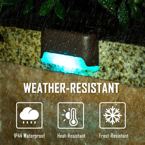 Color Changing Solar Deck Lights 16 Pack Waterproof Outdoor LED Lights For Decks Stairs Fences Yards And Patios With Auto Color Cycle showing weather resistance in rain