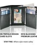 Top Grain Leather Trifold Wallet For Men With RFID Blocking showing open interior, card slots, ID window, and cash section.