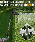Cordless Pole Hedge Trimmer With 14-Foot Reach And 18-Inch Cutting Head, trimming tall hedges, highlighting 18-inch blade.