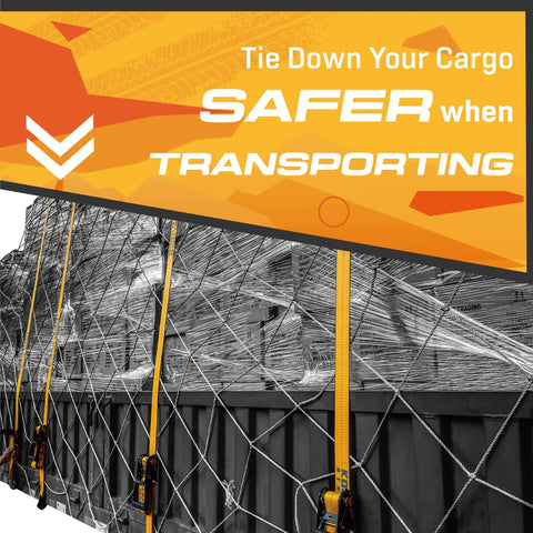 4 Pack Heavy Duty 2 Inch By 27 Foot Ratchet Tie Down Straps with flat hooks securing cargo on a truck or trailer