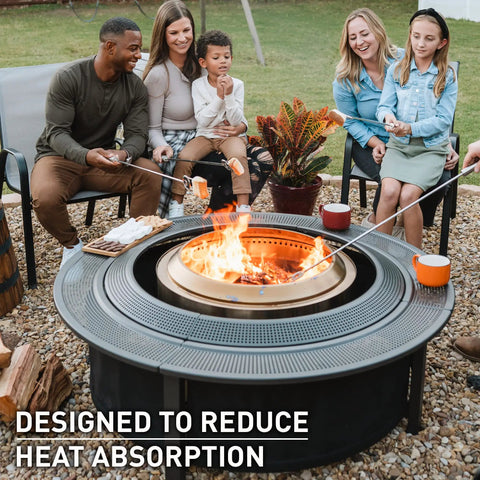 42 Inch Fire Pit Surround Tabletop Shield For Wood Burning Pits with people roasting marshmallows, backyard setup