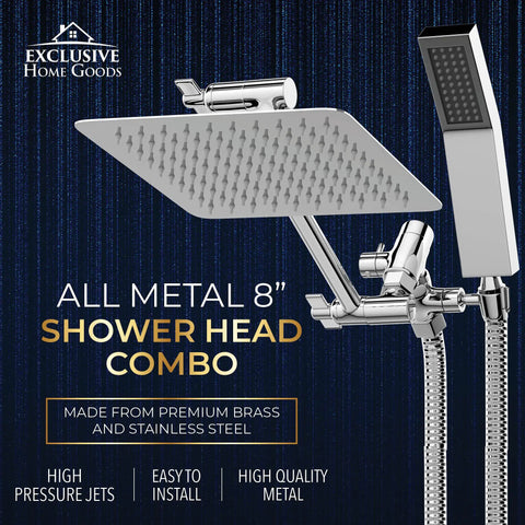 8 Inch Dual Square Rain Shower Head With Handheld Wand And 71 Inch Hose All Metal Construction High Pressure Rain Shower Head Set