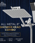 All-metal 8-inch shower head combo featuring dual square design with handheld wand and hose, focusing on premium build.