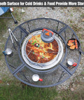 Portable Fire Pit Surround Tabletop for Solo Stove Bonfire Ranger folding iron smokeless round table with grill and food items.