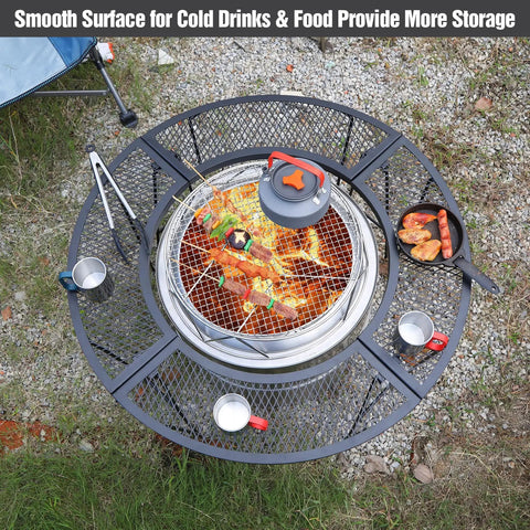 Portable Fire Pit Surround Tabletop for Solo Stove Bonfire Ranger folding iron smokeless round table with grill and food items.