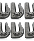 Six Pack Three Eighths Inch Weld On Grab Hook Set With 6600 Lb Working Load Limit, G70 Forged Steel Clevis Hooks displayed front view
