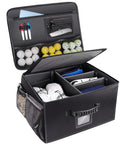 Open view of Golf Trunk Organizer Storage Portable And Foldable Travel Locker For Road Trips And Car Golf Gear On The Go, Waterproof 601D Oxford Fabric With Reinforced Sides, Heavy Duty Organizer For Clubs, Balls, Towels, Black, showing compartments with golf gear inside.