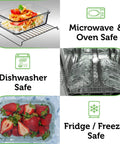 Borosilicate Glass Food Storage Containers With Bamboo Lids Dope Four Pack 36 Ounce Airtight Meal Prep Containers Plastic Free And BPA Free Microwave Freezer Safe showing usage in oven, dishwasher, freezer with food examples.