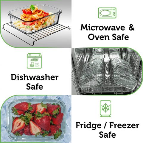 Borosilicate Glass Food Storage Containers With Bamboo Lids Dope Four Pack 36 Ounce Airtight Meal Prep Containers Plastic Free And BPA Free Microwave Freezer Safe showing usage in oven, dishwasher, freezer with food examples.