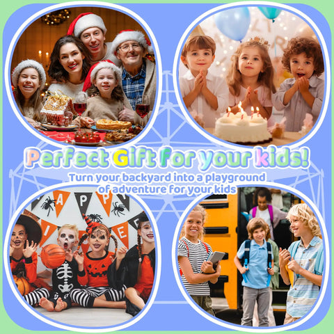 Collage of children celebrating holidays and playing, promoting 10 Foot Climbing Dome With Hammock For Kids Outdoor Jungle Gym.
