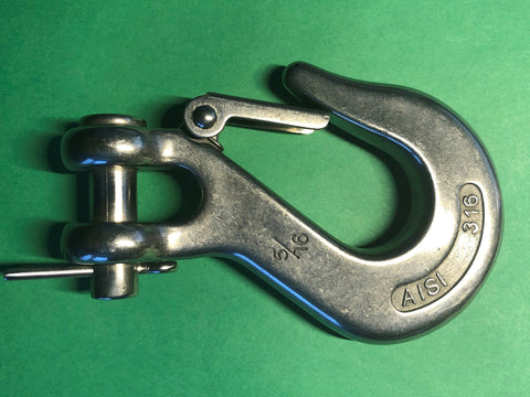 316 Stainless Steel Clevis Slip Hook With Safety Latch Five Sixteenth Inch Marine Grade For Marine Tie Downs And Heavy Lifting Dockside Rigging Corrosion Resistant Rugged And Polished Finish on green background