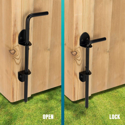 12 Inch Heavy Duty Tough As Nails Gate Drop Rod And Cane Bolt Set With Ground Latch For Wooden Fences And Metal Gates Durable Black Weatherproof Finish Gate Stopper Pin For Holding Gate To Ground 2 Pack shown on a wooden gate in open and locked positions