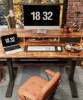 Height Adjustable Electric Standing Desk With Double Drawers And Storage Shelf 48 By 24 Inch Sit Stand Desk In Rustic Brown
