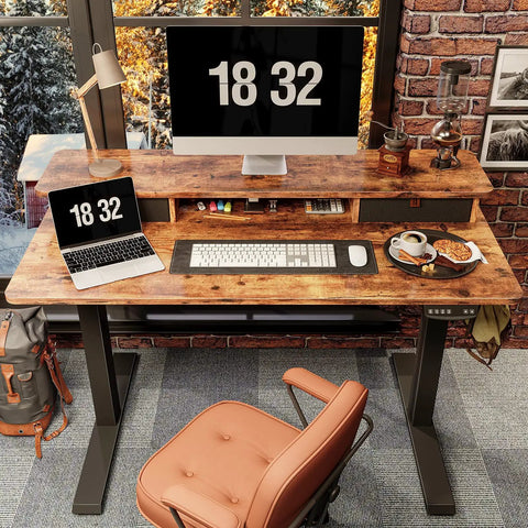 Height Adjustable Electric Standing Desk With Double Drawers And Storage Shelf 48 By 24 Inch Sit Stand Desk In Rustic Brown