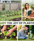 Collage with portable mini greenhouse tunnel, person picking strawberries, gardening vegetables, and planting flowers.