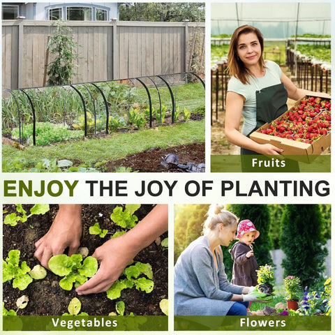 Collage with portable mini greenhouse tunnel, person picking strawberries, gardening vegetables, and planting flowers.