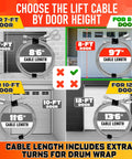 Image showing garage door cable length options for different door sizes, featuring Heavy Duty 304 Steel Galvanized Garage Door Cables For 8 Ft Doors, 9 Ft 7 In Total Length, Rust Proof, Corrosion Resistant, Smooth Operation, Easy Install, Pack Of 2.