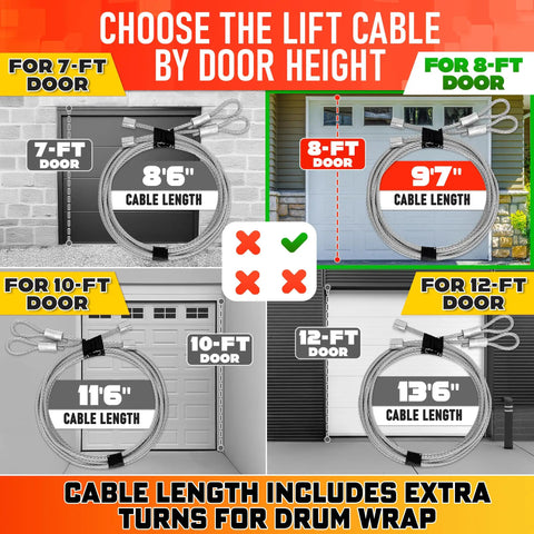 Image showing garage door cable length options for different door sizes, featuring Heavy Duty 304 Steel Galvanized Garage Door Cables For 8 Ft Doors, 9 Ft 7 In Total Length, Rust Proof, Corrosion Resistant, Smooth Operation, Easy Install, Pack Of 2.