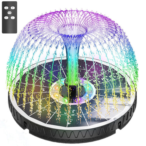 Remote Control Solar Water Fountain With IR Remote, No Wiring Needed, 6W Solar Pump, showcasing rainbow spray and remote