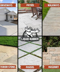 Heavy Duty Liquid Rubber Concrete Driveway Coating Kit With All Season Water Repellent Sealer And Multipurpose Cleaners shown on various surfaces like driveways, patios and masonry.