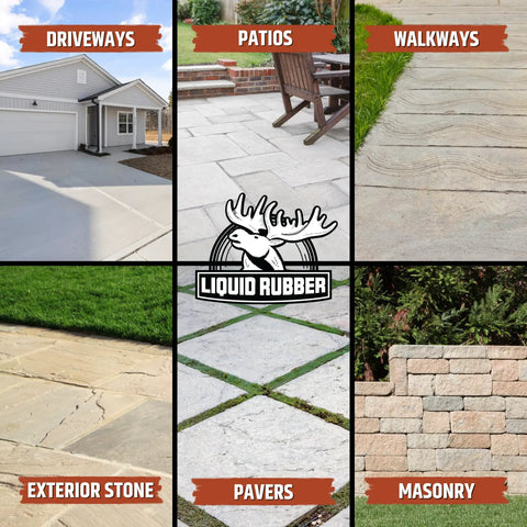 Heavy Duty Liquid Rubber Concrete Driveway Coating Kit With All Season Water Repellent Sealer And Multipurpose Cleaners shown on various surfaces like driveways, patios and masonry.