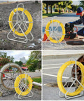 Beefy Heavy Duty Fiberglass Duct Rodder 8mm By 150m 492ft With Wheel Stand for pipe runs and cable pulling, yellow.