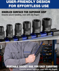 Premium 11 Piece E Torx Socket Set Fits 1/4 And 3/8 Inch Drives showcases knurled grip and portable socket rail for easy handling.