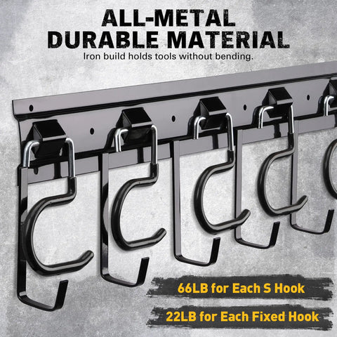 Close-up of 68 Inch All Metal Adjustable Garden Tool Organizer for garage with heavy duty iron hooks and hangers.