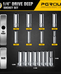 1/4 Inch Drive Deep Socket Set, 8 Piece Metric 12 Point From 6mm To 13mm, Chrome Vanadium Steel With Sturdy Holder, size chart display