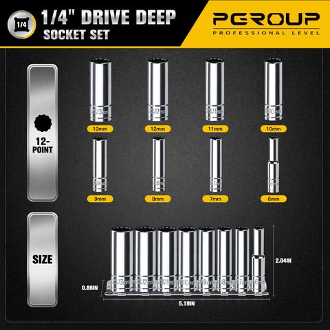 1/4 Inch Drive Deep Socket Set, 8 Piece Metric 12 Point From 6mm To 13mm, Chrome Vanadium Steel With Sturdy Holder, size chart display