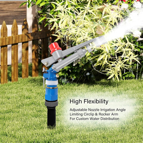 One Inch Aluminum Alloy Agriculture Irrigation Sprinkler Head Built Like A Tank For Rugged Outdoors Large Scale Farming And Heavy Duty Landscaping Rig With Adjustable Spray Angle on grass.