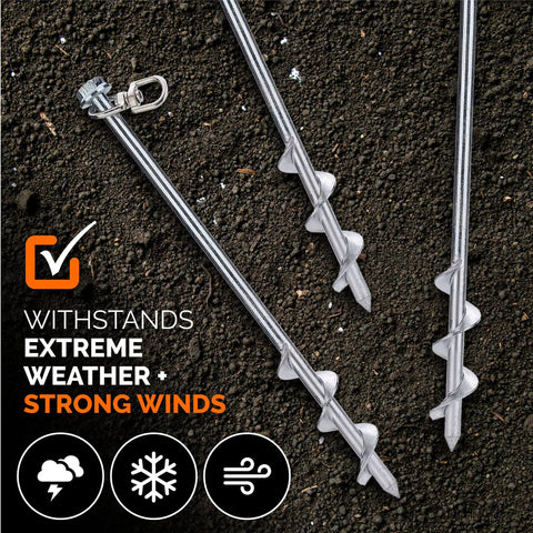 Heavy Duty 12 Inch Ground Stakes Set Of 8 Screw In Anchors For Mobile Homes Sheds Swing Sets Trees And Canopies Includes Drill Bit Built Tough No Nonsense Install Reusable Steel Stakes For Hard Soil withstood extreme weather and strong winds.