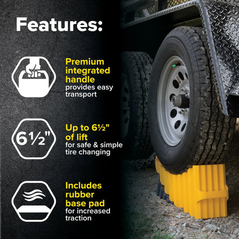 Curved Trailer Aid With Wheel Chock And Rubber Base Pad, Six And A Half Inch Lift, fits trailers, lifting a trailer wheel