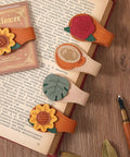 4 Piece Vintage Magnetic Leather Bookmarks With Retro PU Clip, Legit Game Changer For Reading Stacks, showcased on a book.